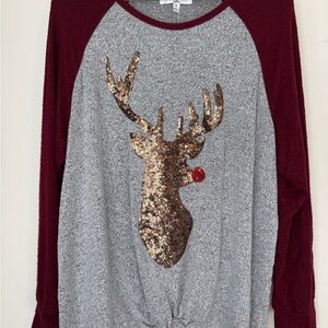 Women's Gray and Burgundy Reindeer Sequin Top Gold Bling